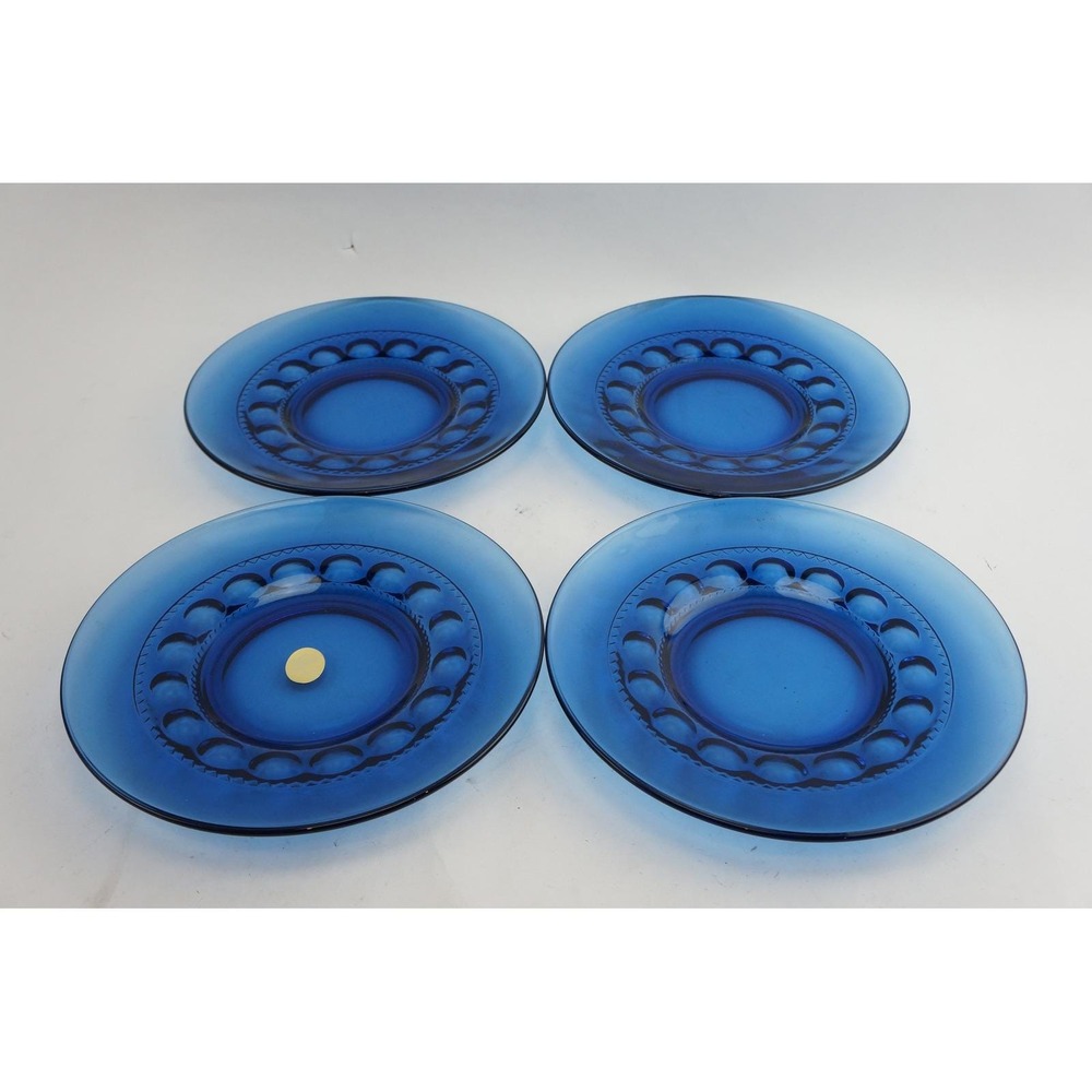 Tiara Exclusive Glass Plates 8" Cobalt Blue King's Crown Thumbprint 4pc Set VGC